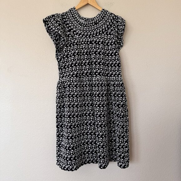 LOFT Womens Embroidered Eyelet Smocked Yoke Mini Swing Dress Black White Size M - Picture 1 of 9